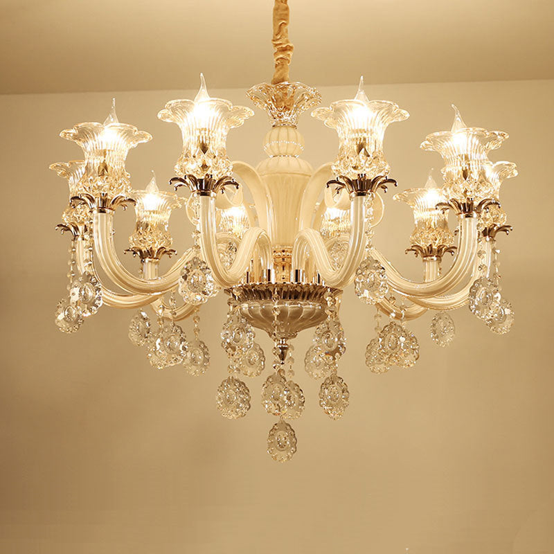 Gold Flower Chandelier Pendant Light Traditional 6/10 Heads Clear K9 Crystal Hanging Lamp for Living Room, 29.5"/35.5" W