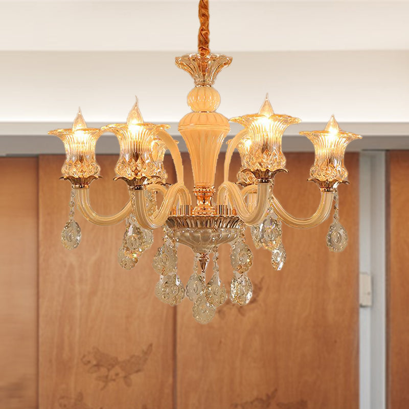 Gold Flower Chandelier Pendant Light Traditional 6/10 Heads Clear K9 Crystal Hanging Lamp for Living Room, 29.5"/35.5" W
