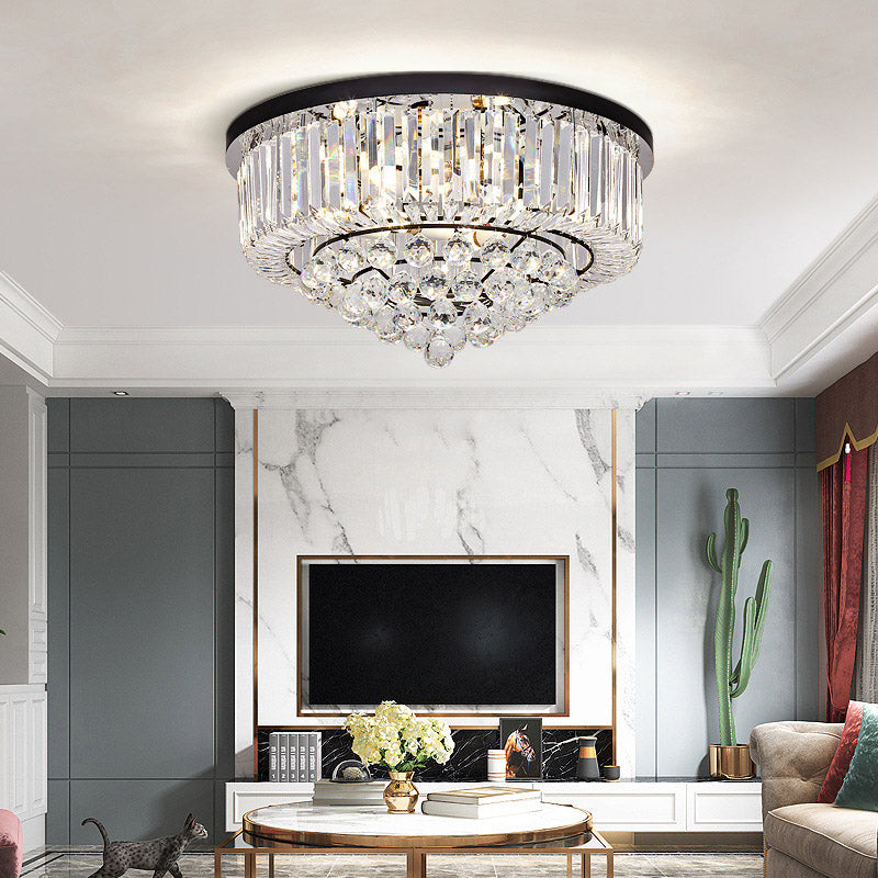 Drum Flush Mount Light Contemporary Tri-Sided Crystal Rod 4/6/9 Heads Black Ceiling Light Fixture, 14"/18"/23.5" Wide