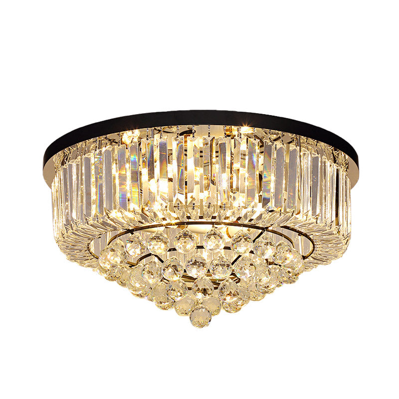 Drum Flush Mount Light Contemporary Tri-Sided Crystal Rod 4/6/9 Heads Black Ceiling Light Fixture, 14"/18"/23.5" Wide