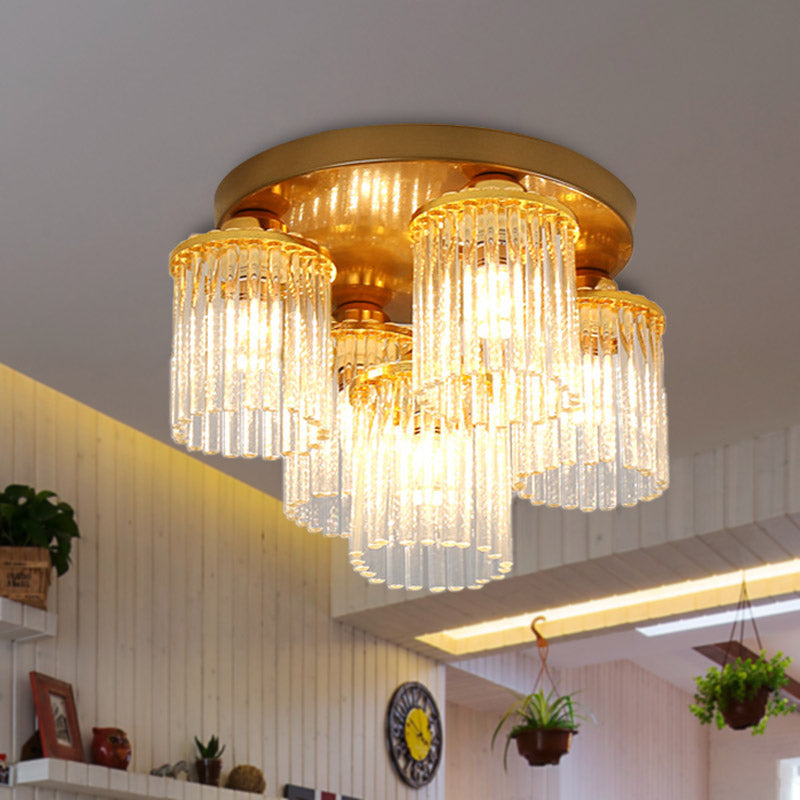 Cylinder Crystal Rod Ceiling Light Fixture Postmodern 5/10/12 Heads Brass Semi Flush Mount Lamp