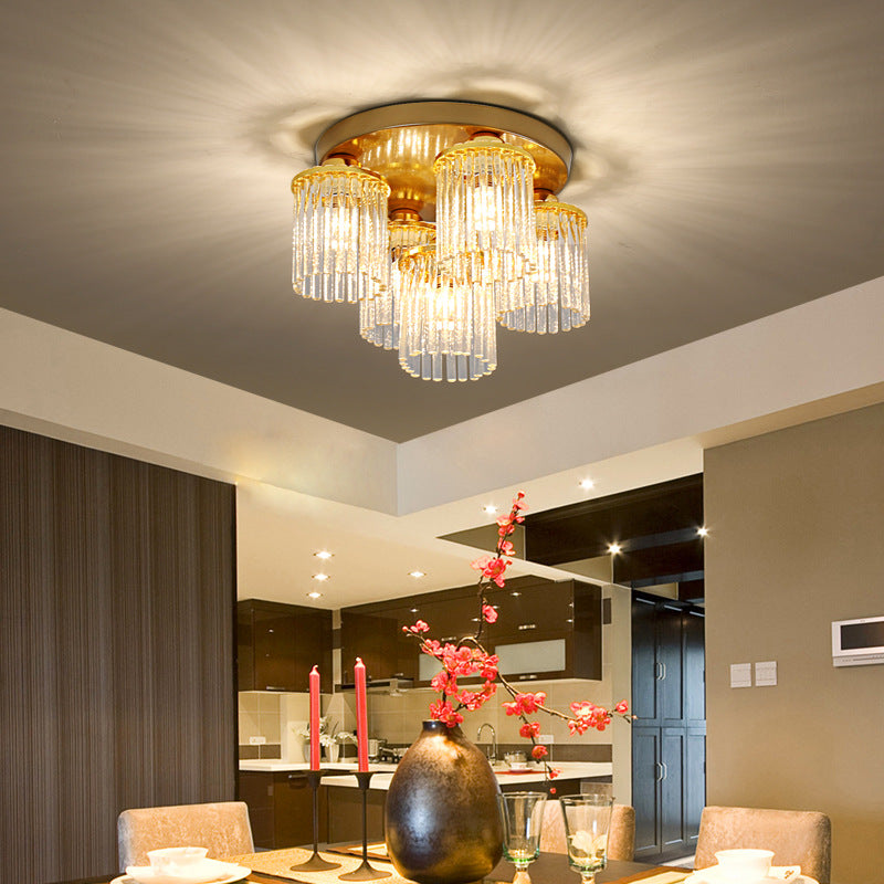 Cylinder Crystal Rod Ceiling Light Fixture Postmodern 5/10/12 Heads Brass Semi Flush Mount Lamp