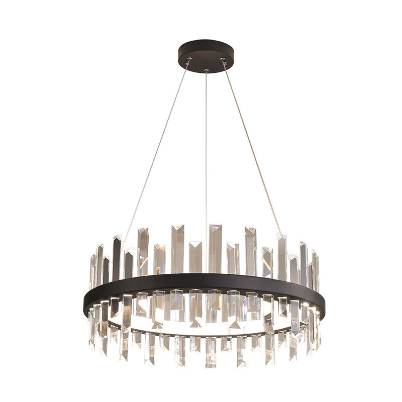 Circular Pendant Ceiling Light Modern Rectangle-Cut Crystal Black/White LED Chandelier Lamp in Warm Light, 23.5"/31.5" Wide