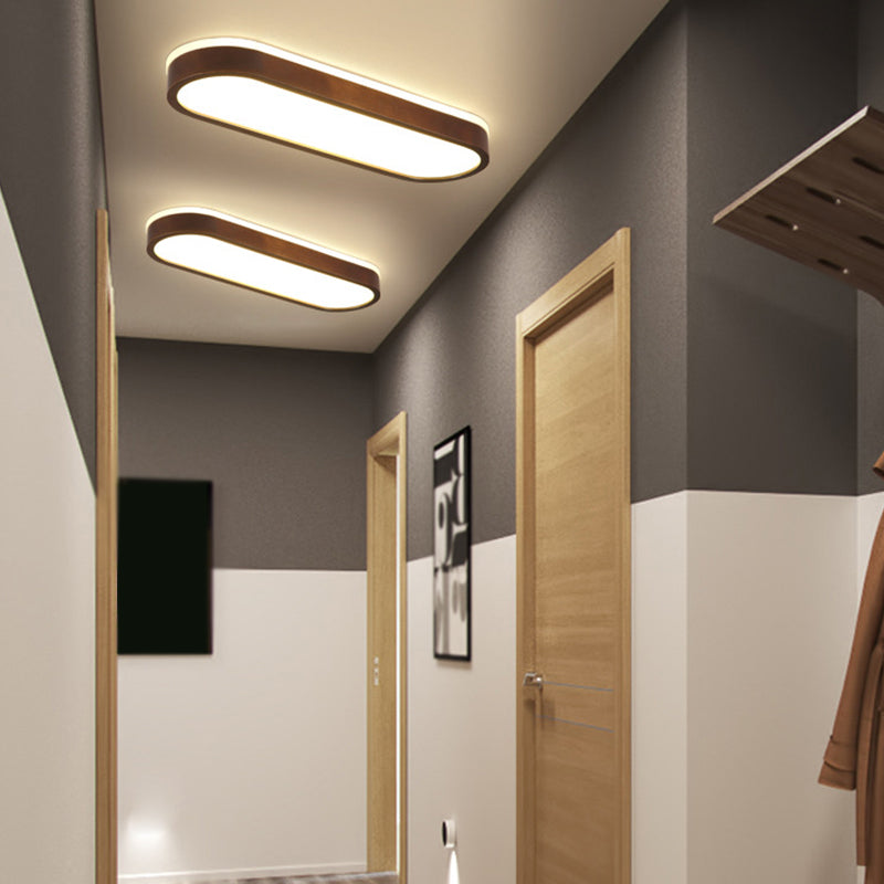 Dark Brown Oval Flush Lamp Simple LED Wooden Flush Ceiling Light with Backlit Design