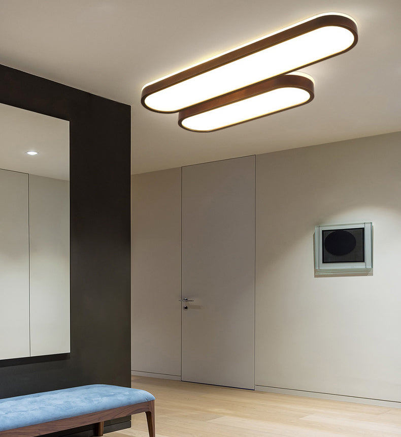 Dark Brown Oval Flush Lamp Simple LED Wooden Flush Ceiling Light with Backlit Design