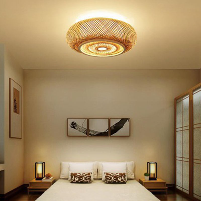 Circulaire Flush Mount Light Fixture Asian Rattan Flush Mount Lamp in Light Beige Finish