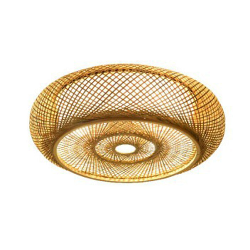 Circulaire Flush Mount Light Fixture Asian Rattan Flush Mount Lamp in Light Beige Finish