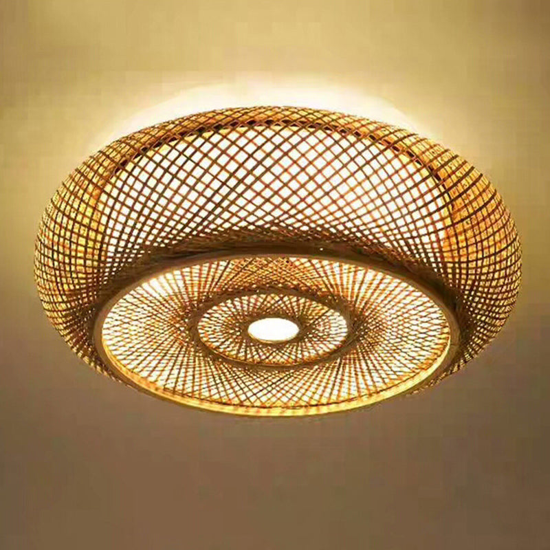 Circulaire Flush Mount Light Fixture Asian Rattan Flush Mount Lamp in Light Beige Finish