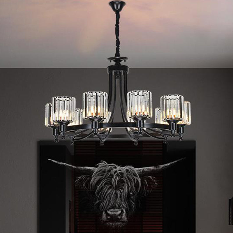 Cylindre Crystal Rod Sanging Plafond Light Postmodern 10 têtes Black / Brass Pendant Pendard Chandelier