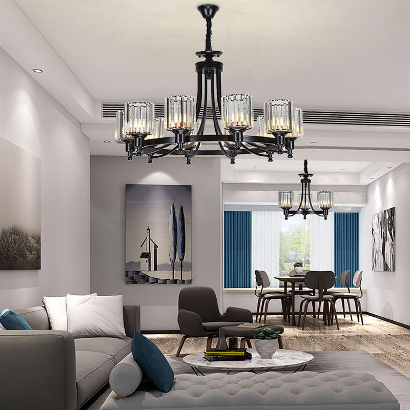 Cylindre Crystal Rod Sanging Plafond Light Postmodern 10 têtes Black / Brass Pendant Pendard Chandelier