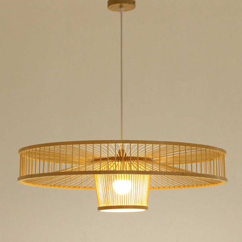 Asian Style Bamboo Weaving Suspension Light Single Bulb Creative Hanging Lighting Fixture in Beige