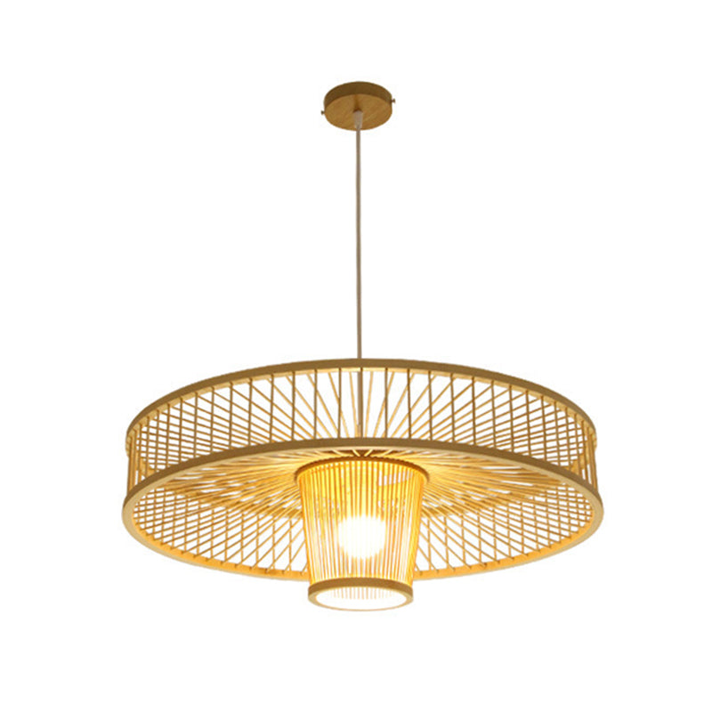 Asian Style Bamboo Weaving Suspension Light Single Bulb Creative Hanging Lighting Fixture in Beige