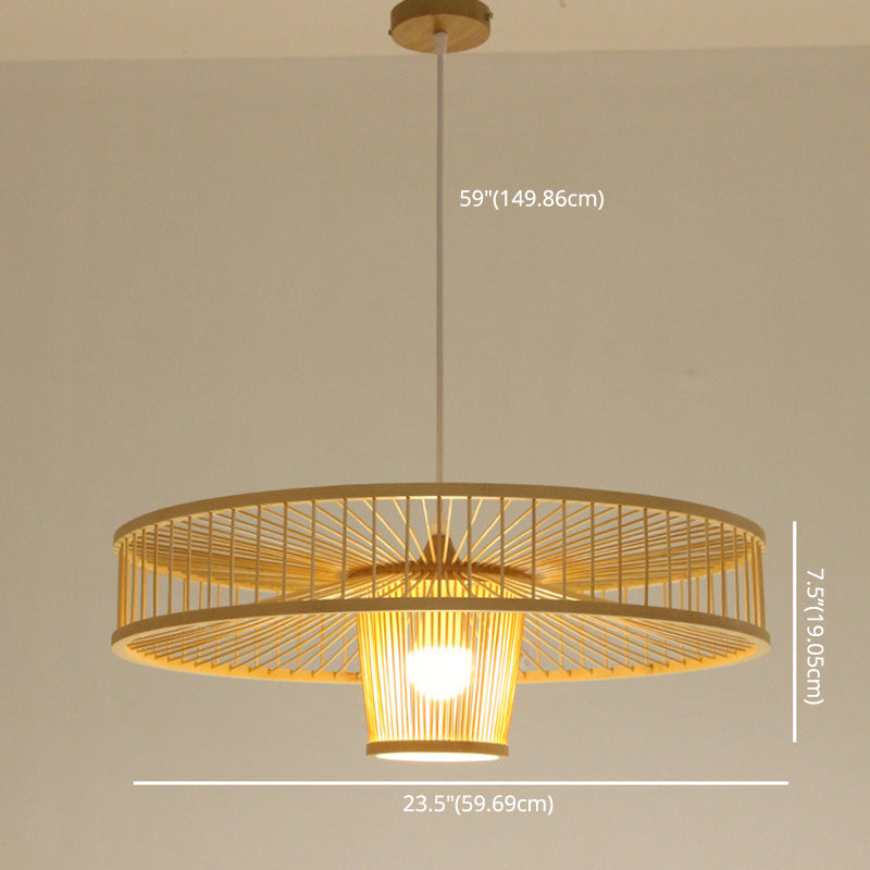 Asian Style Bamboo Weaving Suspension Light Single Bulb Creative Hanging Lighting Fixture in Beige