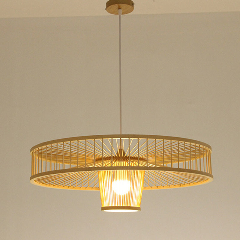 Asian Style Bamboo Weaving Suspension Light Single Bulb Creative Hanging Lighting Fixture in Beige