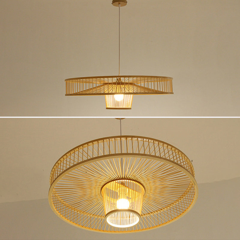 Asian Style Bamboo Weaving Suspension Light Single Bulb Creative Hanging Lighting Fixture in Beige