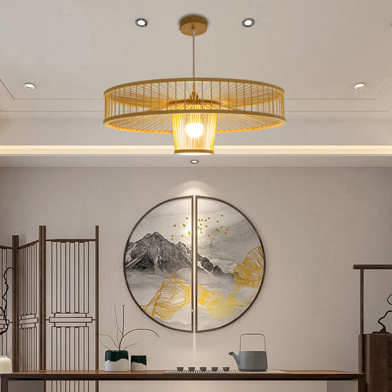 Asian Style Bamboo Weaving Suspension Light Single Bulb Creative Hanging Lighting Fixture in Beige