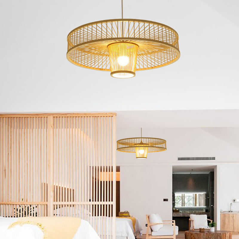 Asian Style Bamboo Weaving Suspension Light Single Bulb Creative Hanging Lighting Fixture in Beige