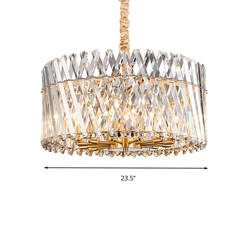 Tri-Sided Crystal Rod Drum Ceiling Light Contemporary 10 Heads Chandelier Light Fixture