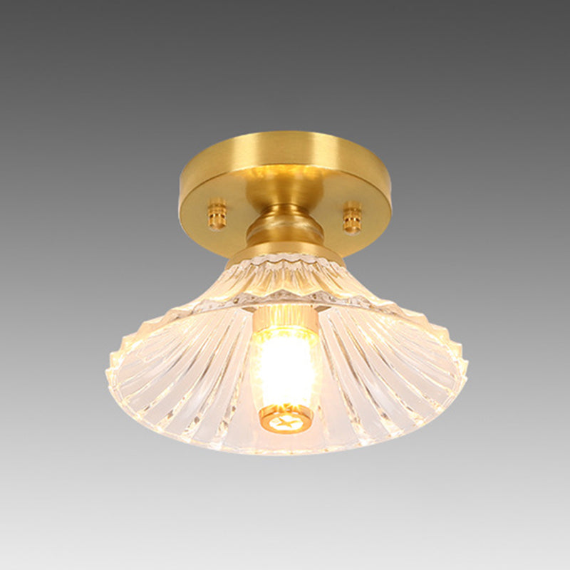 Small Foyer Ceiling Mounted Lamp Textured Glass 1-Bulb Minimalist Semi Flush Light in Brass