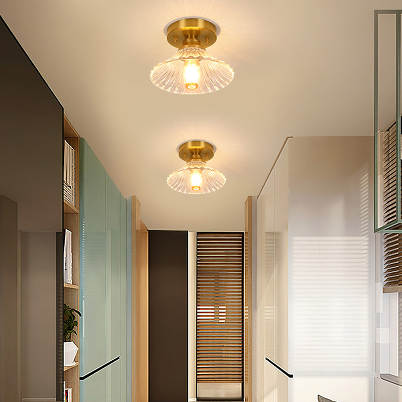 Small Foyer Ceiling Mounted Lamp Textured Glass 1-Bulb Minimalist Semi Flush Light in Brass