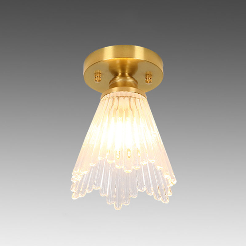 Small Foyer Ceiling Mounted Lamp Textured Glass 1-Bulb Minimalist Semi Flush Light in Brass