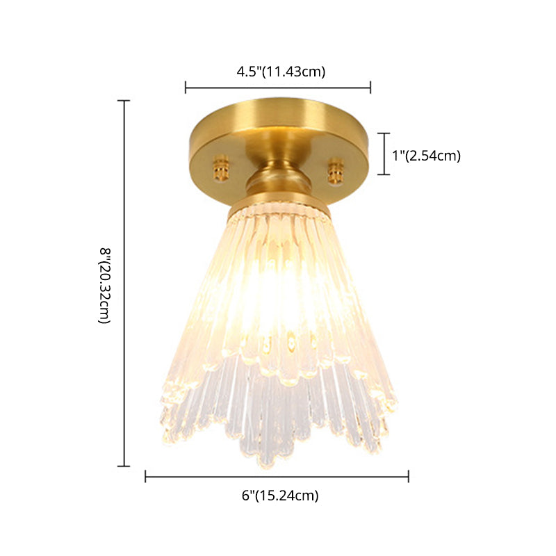 Small Foyer Ceiling Mounted Lamp Textured Glass 1-Bulb Minimalist Semi Flush Light in Brass