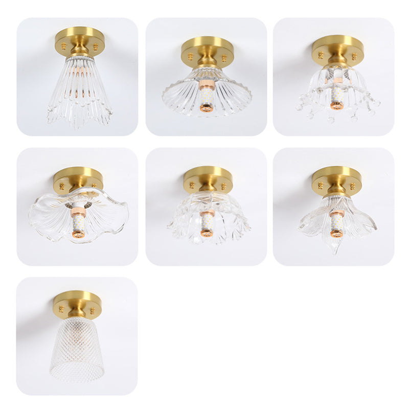 Small Foyer Ceiling Mounted Lamp Textured Glass 1-Bulb Minimalist Semi Flush Light in Brass