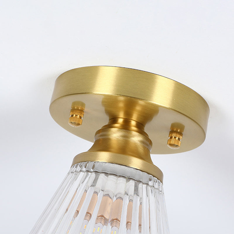 Small Foyer Ceiling Mounted Lamp Textured Glass 1-Bulb Minimalist Semi Flush Light in Brass