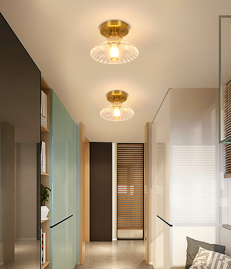 Small Foyer Ceiling Mounted Lamp Textured Glass 1-Bulb Minimalist Semi Flush Light in Brass