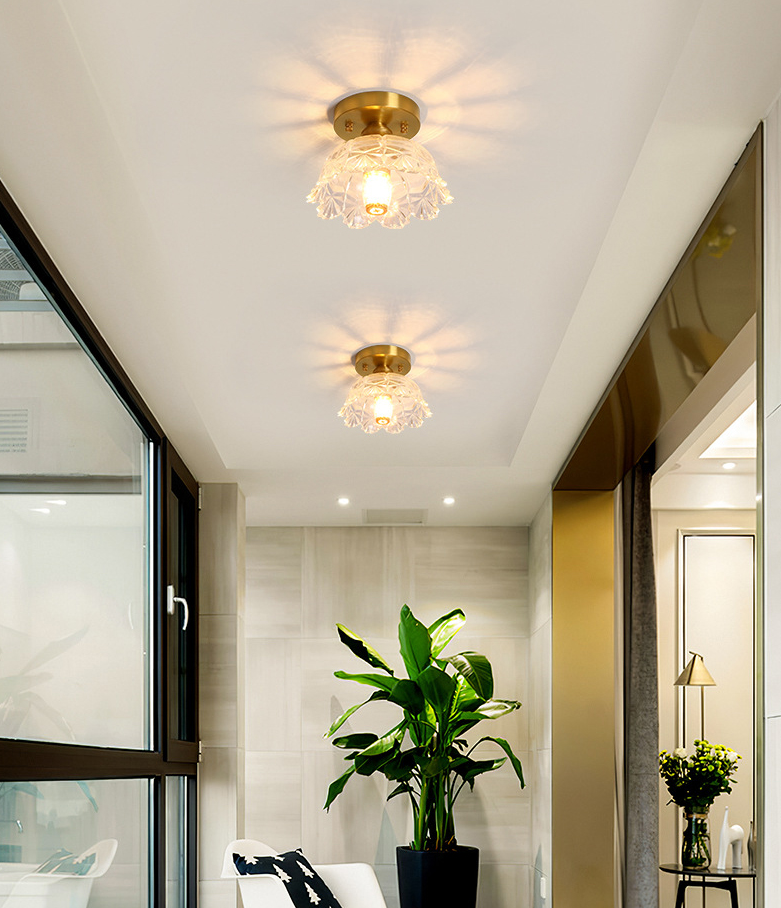 Small Foyer Ceiling Mounted Lamp Textured Glass 1-Bulb Minimalist Semi Flush Light in Brass