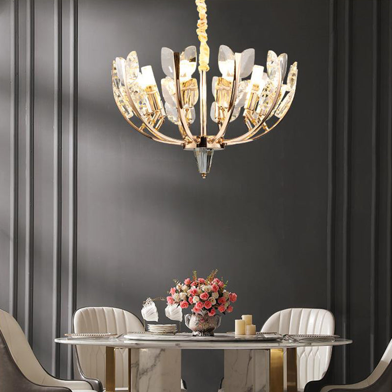 Modernism Curved Arm Hanging Ceiling Light Leaf Crystal 8/10 Heads Dining Room Chandelier Lamp in Brushed Brass, 18"/21.5" Wide