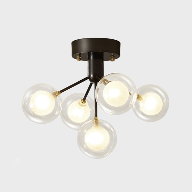 Ball Semi Flush Mount Chandelier Modern Clear and Frosted Glass 5-Light Corridor Ceiling Light