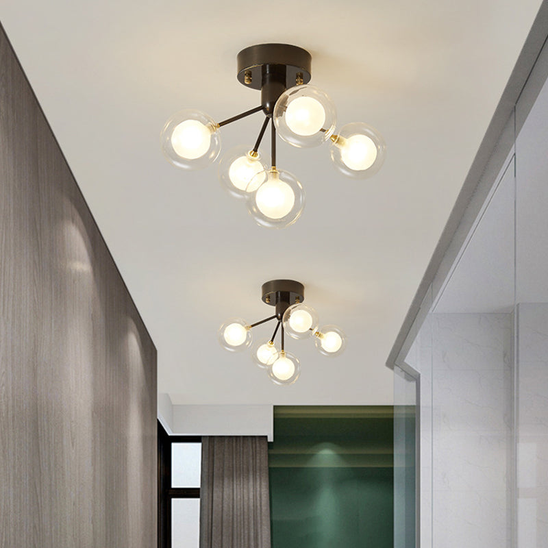 Ball Semi Flush Mount Chandelier Modern Clear and Frosted Glass 5-Light Corridor Ceiling Light