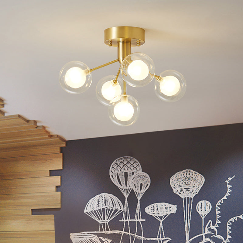 Ball Semi Flush Mount Chandelier Modern Clear and Frosted Glass 5-Light Corridor Ceiling Light