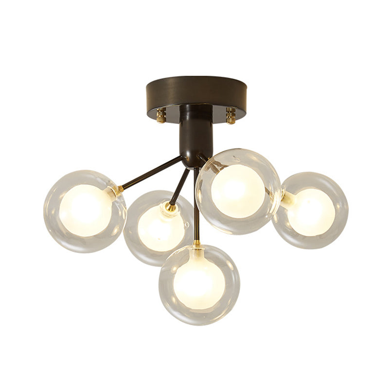 Ball Semi Flush Mount Chandelier Modern Clear and Frosted Glass 5-Light Corridor Ceiling Light