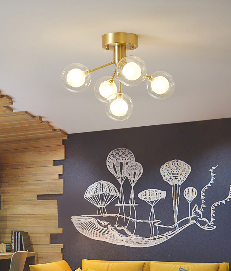 Ball Semi Flush Mount Chandelier Modern Clear and Frosted Glass 5-Light Corridor Ceiling Light