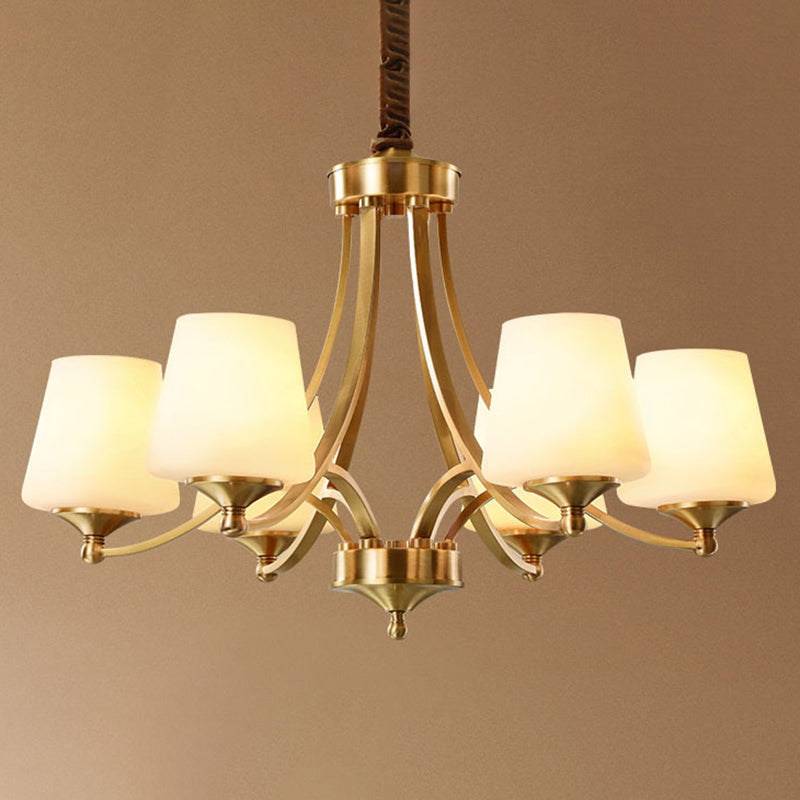 Post-Modern Curvy Arm Hanging Chandelier Light White Glass Shade Ceiling Chandelier in Gold for Living Room