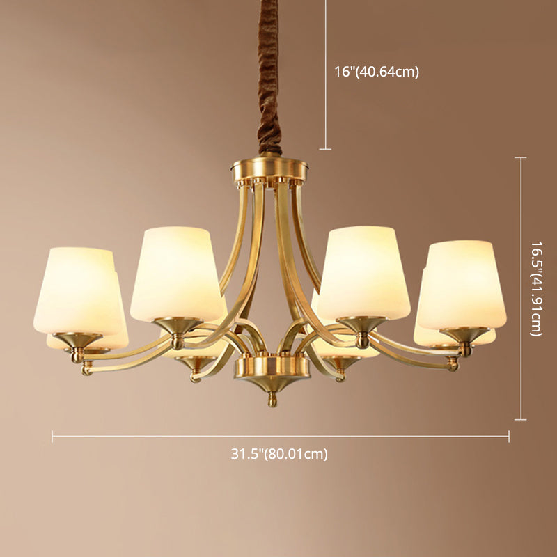 Post-Modern Curvy Arm Hanging Chandelier Light White Glass Shade Ceiling Chandelier in Gold for Living Room