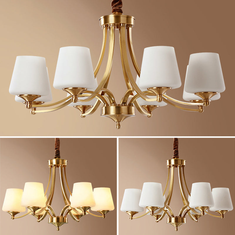 Post-Modern Curvy Arm Hanging Chandelier Light White Glass Shade Ceiling Chandelier in Gold for Living Room
