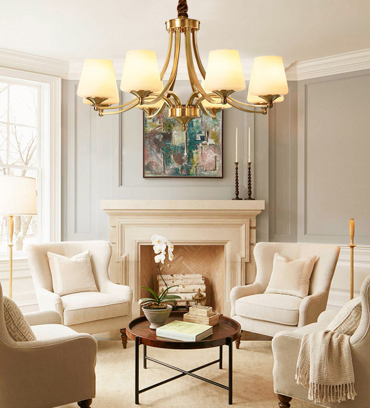 Post-Modern Curvy Arm Hanging Chandelier Light White Glass Shade Ceiling Chandelier in Gold for Living Room