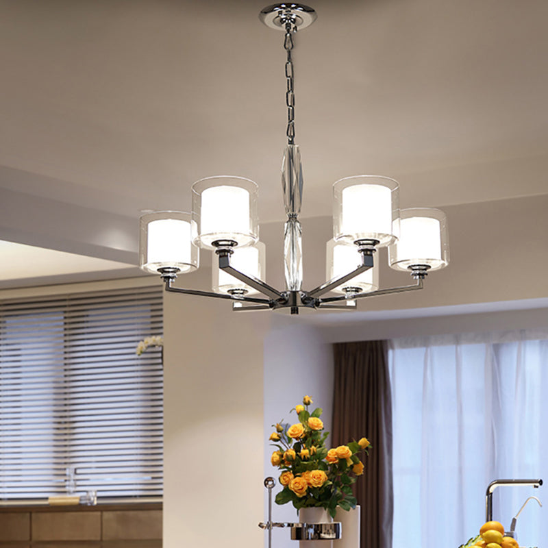 Chrome Metal Radial Pendant Light Modern Cylindrical Clear Glass Shade Bedroom Chandelier Lighting