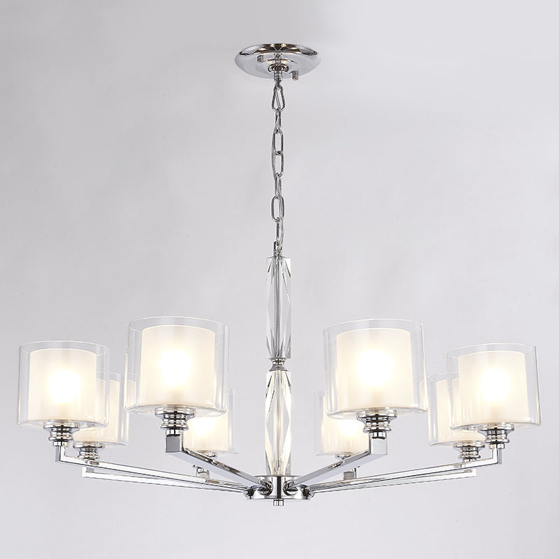 Chrome Metal Radial Pendant Light Modern Cylindrical Clear Glass Shade Bedroom Chandelier Lighting