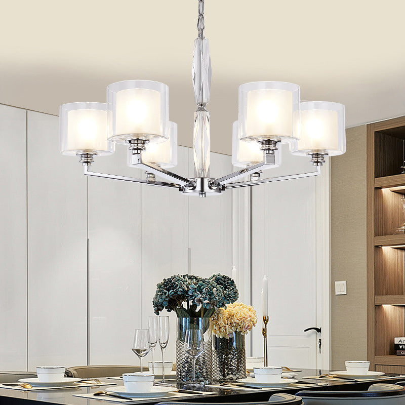Chrome Metal Radial Pendant Light Modern Cylindrical Clear Glass Shade Bedroom Chandelier Lighting