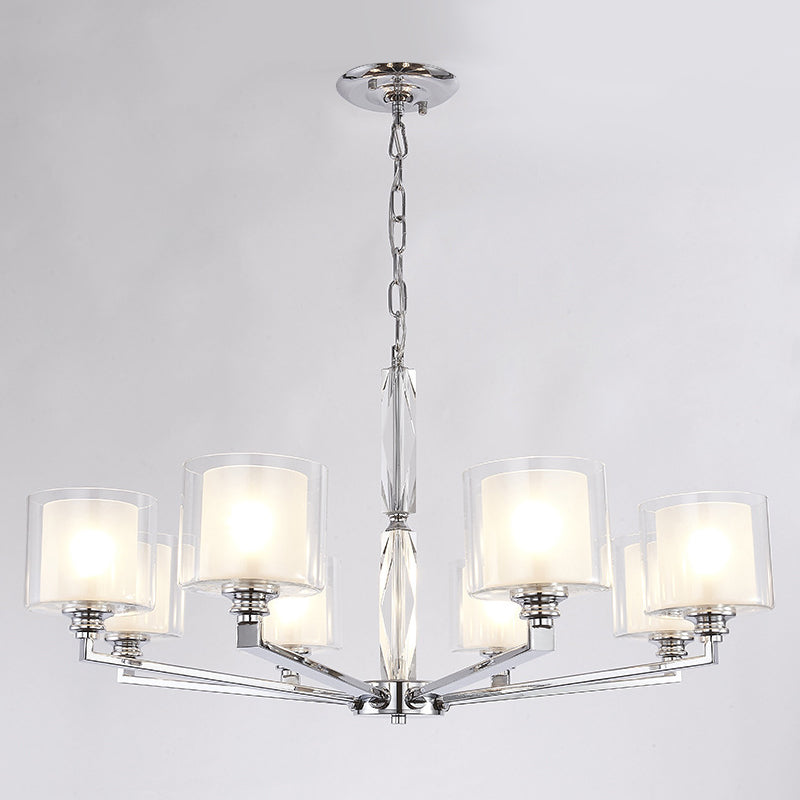 Chrome Metal Radial Pendant Light Modern Cylindrical Clear Glass Shade Bedroom Chandelier Lighting