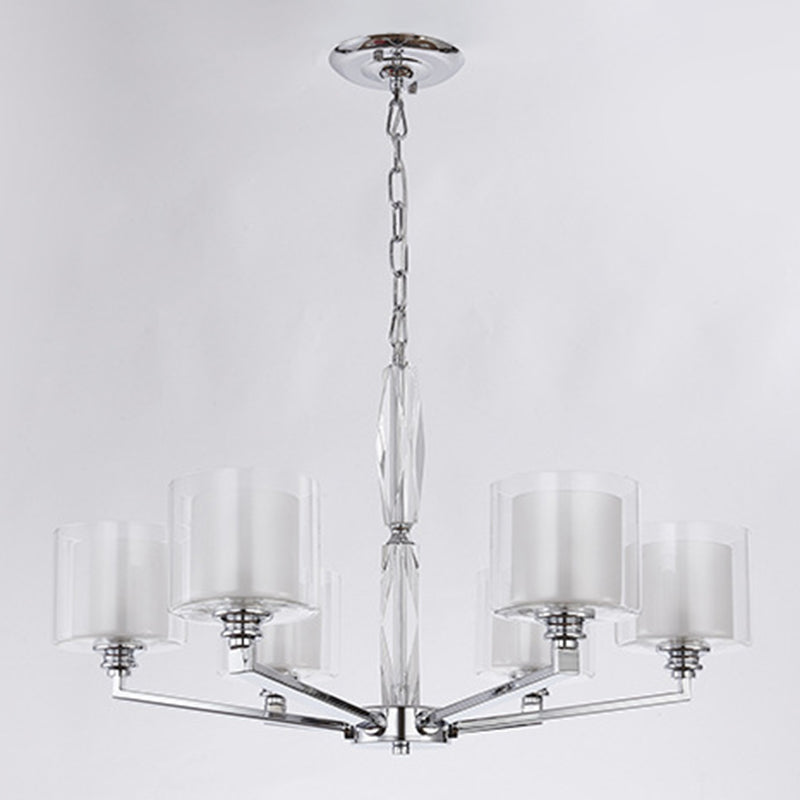 Chrome Metal Radial Pendant Light Modern Cylindrical Clear Glass Shade Bedroom Chandelier Lighting