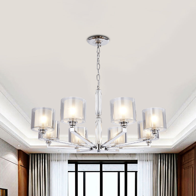 Chrome Metal Radial Pendant Light Modern Cylindrical Clear Glass Shade Bedroom Chandelier Lighting