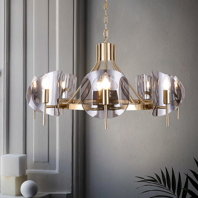 Modern Wagon Wheel Candle Chandelier Light Fixture Clear Glass Shaded Ceiling Chandelier in Gold for Bedroom