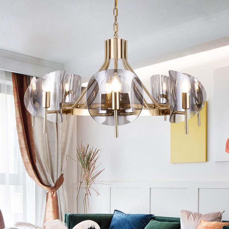 Modern Wagon Wheel Candle Chandelier Light Fixture Clear Glass Shaded Ceiling Chandelier in Gold for Bedroom