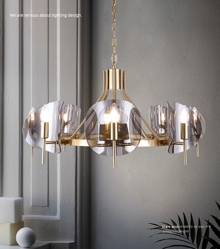 Modern Wagon Wheel Candle Chandelier Light Fixture Clear Glass Shaded Ceiling Chandelier in Gold for Bedroom