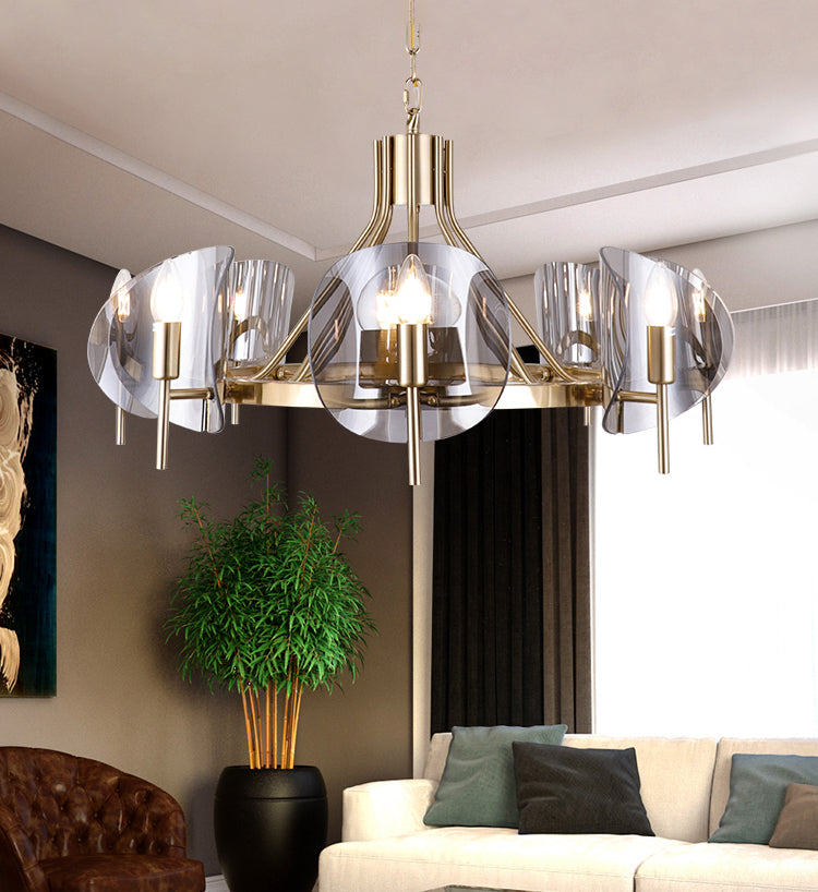 Modern Wagon Wheel Candle Chandelier Light Fixture Clear Glass Shaded Ceiling Chandelier in Gold for Bedroom